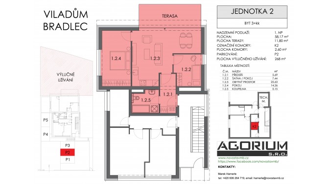 3+KK, 58,17 m2 + 11,80 m2 terasa + 268 m2 předzahrádka